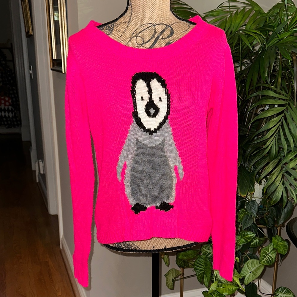 LEI Bright Pink Sweater with Penguin Motif